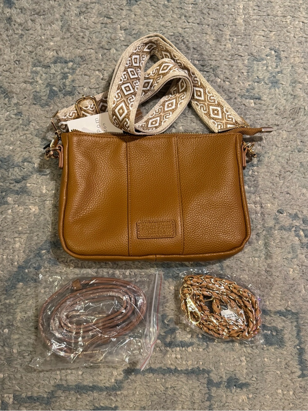 NEW Pom Pom London Crossbody Bag, Tan Leather Purse with Changeable Straps - Picture 7 of 9